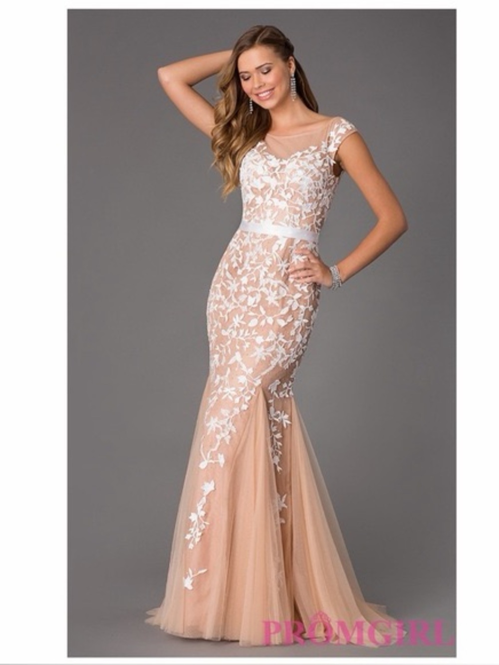 Sherri Hill Nude and White Lace Appliqué Mermaid Gown - Picture 1 of 5